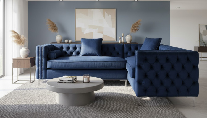 Ecksofa Blau Chesterfield Couch Eckgarnitur Polster Samt Stoff Ecke Möbel Design