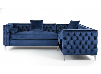 Ecksofa Blau Chesterfield Couch Eckgarnitur Polster Samt Stoff Ecke Möbel Design