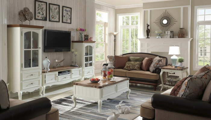 Landhaus Stol Wohnwand Wohnzimmer Vitrine Sideboard rtv Holz Schrank Möbel 3tlg
