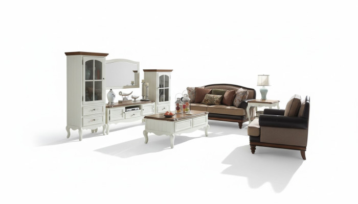 Landhaus Stol Wohnwand Wohnzimmer Vitrine Sideboard rtv Holz Schrank Möbel 3tlg