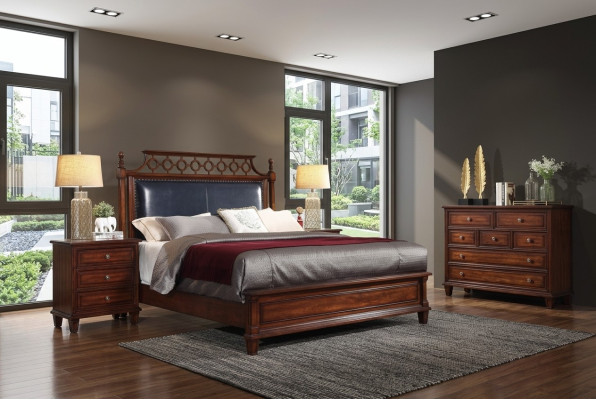 Echtholz Bett Leder 3tlg. Set Kommode Schlafzimmer Gründerzeit Garnitur Gruppe