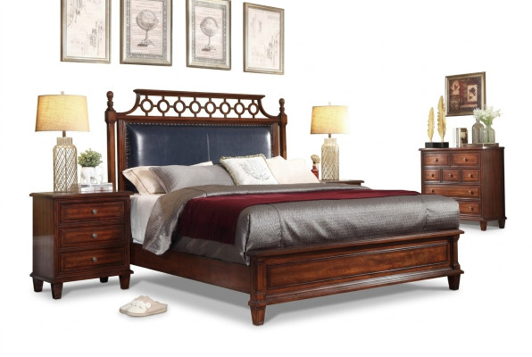 Echtholz Bett Leder 3tlg. Set Kommode Schlafzimmer Gründerzeit Garnitur Gruppe