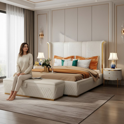 Doppelbett Klassisches Bett Designer Polster Betten Gestell Textil Leder Weiß