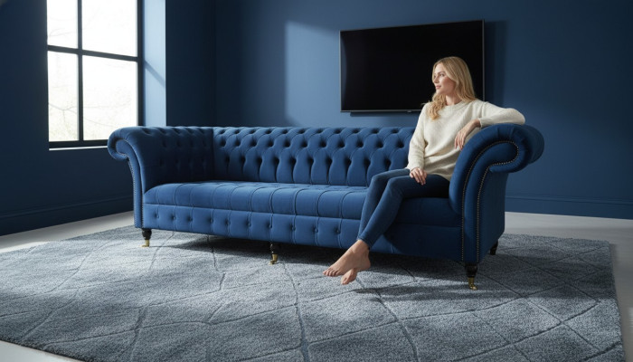 Design Sofa 4 er Couch Textil Polster Blau Klassische Sofas Chesterfield Neu
