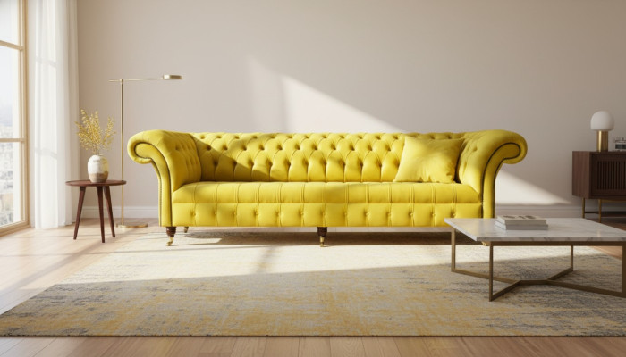 Gelbe Sofa 4 Sitzer Couch Chesterfield Polster Sitz Garnitur Leder Textil Gelb