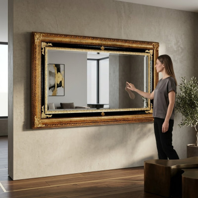 Klassischer Wandspiegel Holzrahmen Spiegel Möbel 107x197 Glas Rahmen Wand Gold