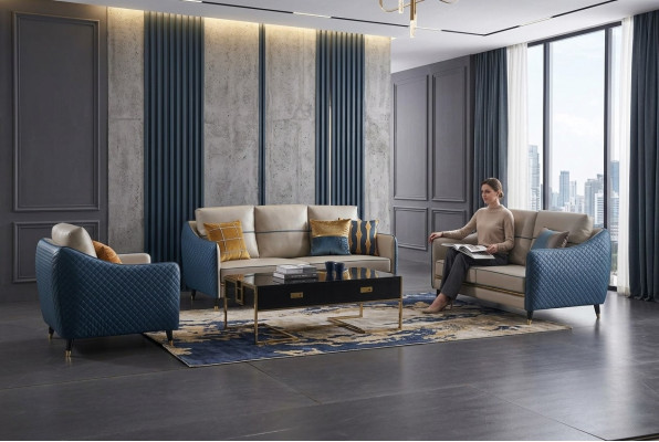Blau-Beige Sofagarnitur 3+2 Ledersitzer Set Design Polstercouchen Deko Möbel