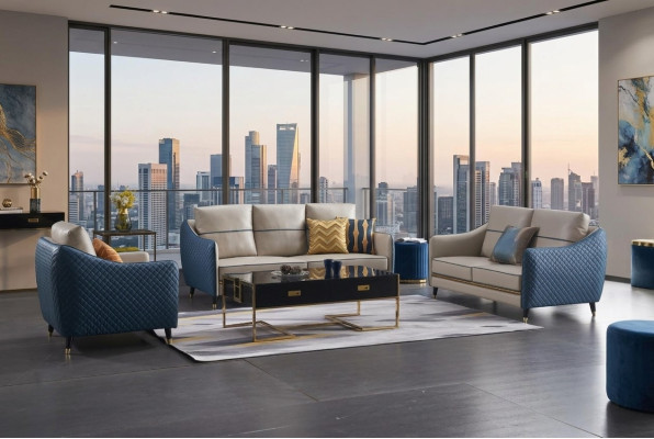 Blau-Beige Sofagarnitur 3+2 Ledersitzer Set Design Polstercouchen Deko Möbel