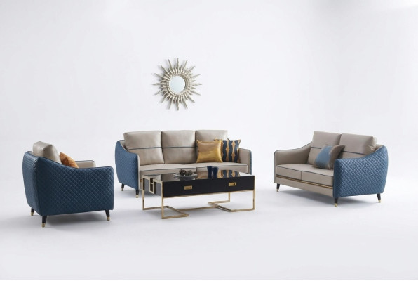 Blau-Beige Sofagarnitur 3+2 Ledersitzer Set Design Polstercouchen Deko Möbel