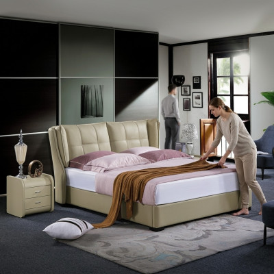 Klassisches Schlafzimmer Bett Beige Textil Betten Leder Polster Doppel 180x200cm.