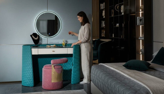 Schminktisch Turkis Holz Leder Schlafzimmer Konsolen Tische Design Schmink Luxus