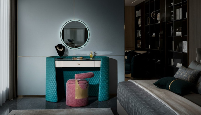 Schminktisch Turkis Holz Leder Schlafzimmer Konsolen Tische Design Schmink Luxus