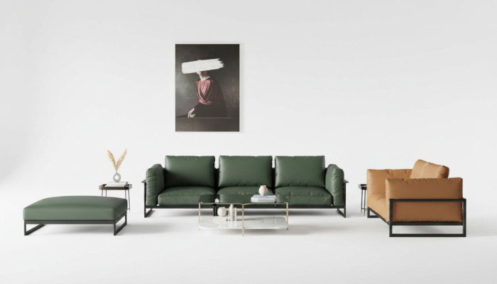 Braun-Grüne 3+2 Sitzer Ledergarnitur Wohnzimmer Kunstleder Couch-Set