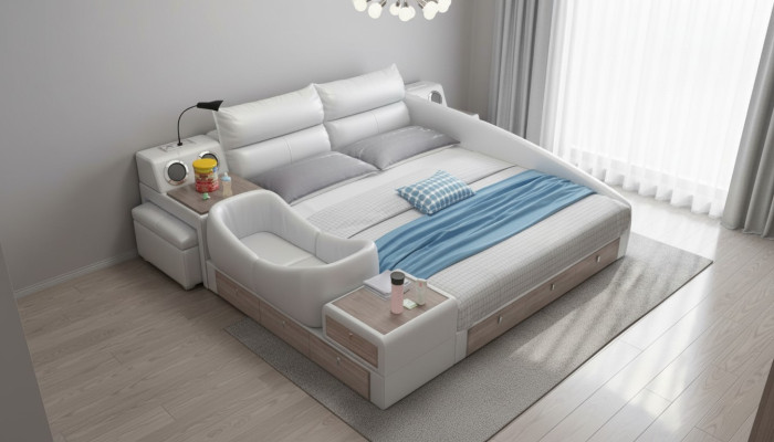 Bett Multifunktion Regal Schrank USB Ladestation Doppel Leder Betten