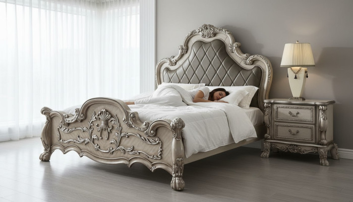 Luxus Barock Silber Doppelbett Design Holz 200x200cm Polsterung Schlafzimmer Neu