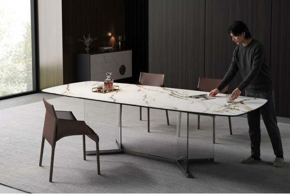 Esszimmer Wohnzimmer Design Luxus Modern Tische Edelstahlbeine Marmo Imitat Neu