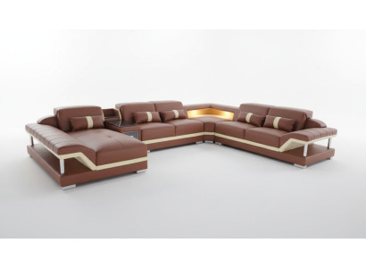 Wohnlandschaft U-Form Cream Braun Ecksofa Leder Sofa Couch Polster Eck Sitz Neu