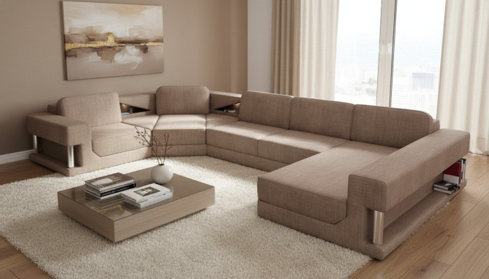 U-Form Bettfunktion Couch Design Polster Textil Eck Wohnlandschaft Ecksofa Stoff
