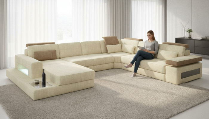 U-Form Bettfunktion Couch Design Polster Textil Eck Wohnlandschaft Ecksofa Stoff