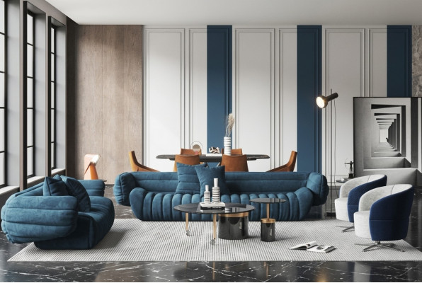 Blaue Samt Sofagarnitur 3+2 Couchgarnitur Luxuriöses 2-tlg. Wohnzimmer Set