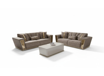 3+3 Sitzer Modern Sofagarnitur Sessel Textil Grau Sofa 3 Sit Luxus Komplett 2tlg