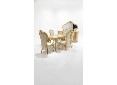 Klassisch Esstisch + 6x Stühle + Anrichte mit Spiegel Gold Holz Kommode Neu