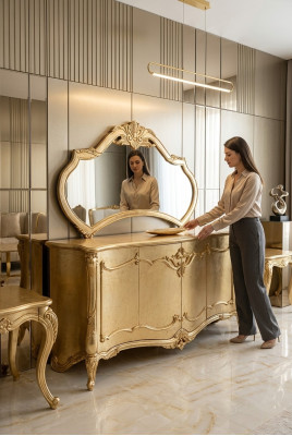 Luxus  Sideboard Anrichte mit Spiegel Garnitur Kommode Holz Kommoden Klassische