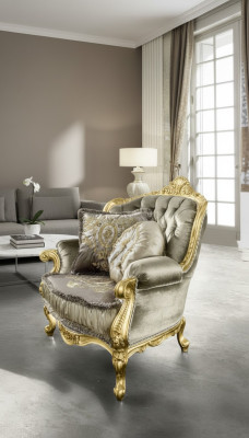 Sessel Relax Stoff Lounge Club Polster Design Couch Sofa Sitzer Luxus Gold Neu