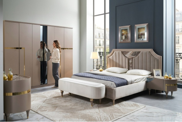 Schlafzimmer Bett Nachttisch Kleiderschrank Kommode Hocker Garnitur Set 6tlg Neu