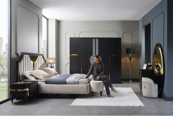 Schlafzimmer Bett Nachttisch Kleiderschrank Kommode Spiegel Hocker Schwarz 7tlg