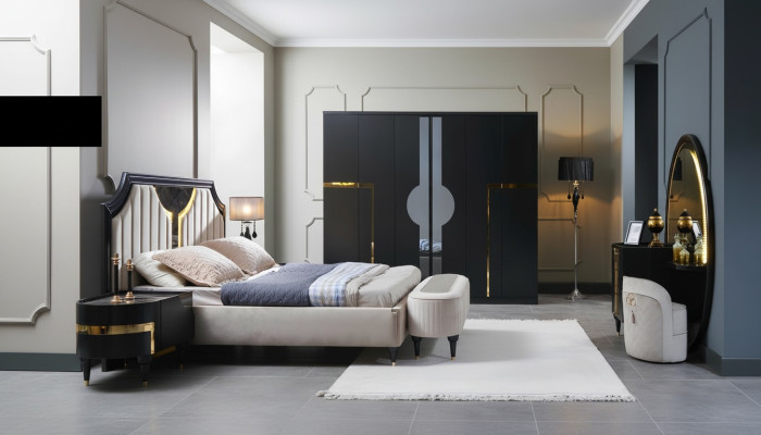 Schlafzimmer Bett Nachttisch Kleiderschrank Kommode Spiegel Hocker Schwarz 7tlg