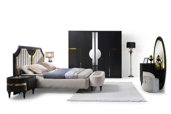 Schlafzimmer Bett Nachttisch Kleiderschrank Kommode Spiegel Hocker Schwarz 7tlg