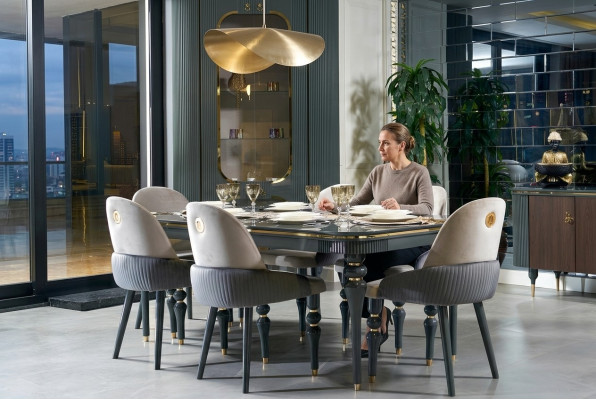 Esszimmer Garnitur Lehn Samt Textil Stuhl 6x Stühle Gruppe Set Wohn Holz Echtes