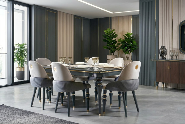 Esszimmer Garnitur Lehn Samt Textil Stuhl 6x Stühle Gruppe Set Wohn Holz Echtes