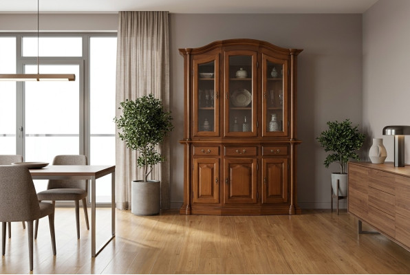 Echtholz Vitrine Wohnzimmer Möbel Anrichte Massive Holz Vitrinen Glas Schrank