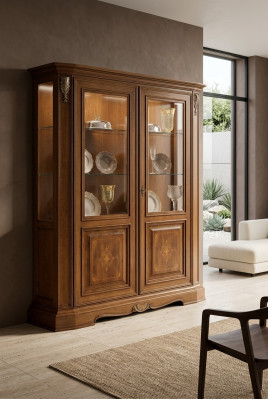 Vitrine 2 Tür Holz Schrank Vitrinen Wohnzimmer Schau Schränke Design Glas Möbel