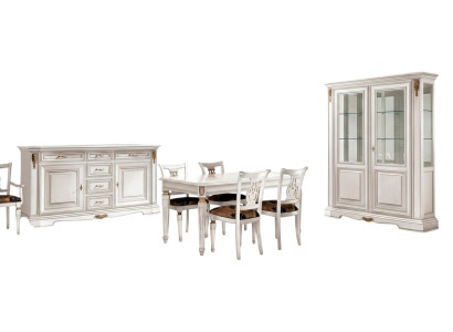 Esszimmer Esstisch Stuhl Kommode Vitrine Gruppe Garnitur Holz Weiß Set 7tlg Neu
