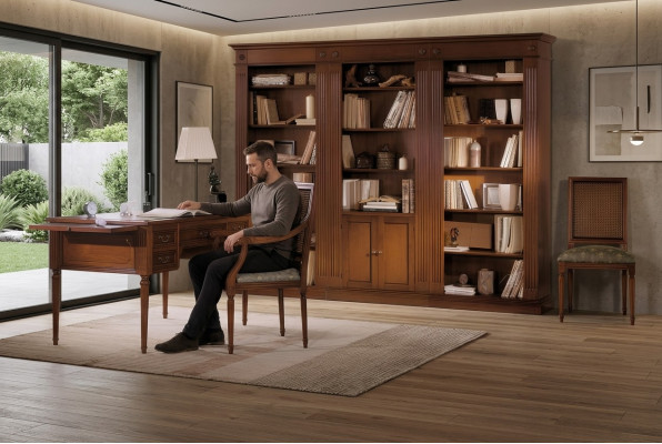 Schreibtisch und Stuhl aus Holz mit Armlehnen Bücherregal Büromöbel Design 3tlg