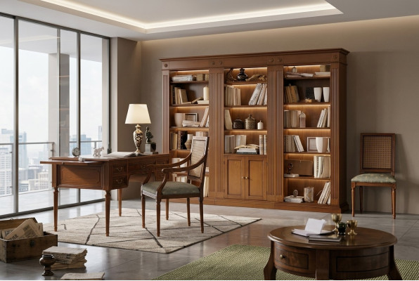 Schreibtisch und Stuhl aus Holz mit Armlehnen Bücherregal Büromöbel Design 3tlg