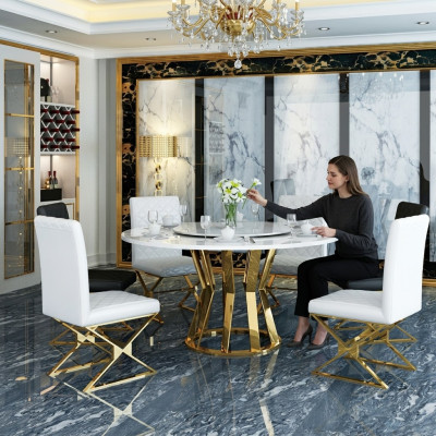 Esszimmer Garnitur Moderner Esstisch + 6 Lehnstühle Metall Leder Set