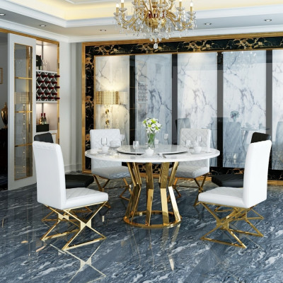 Esszimmer Garnitur Moderner Esstisch + 6 Lehnstühle Metall Leder Set