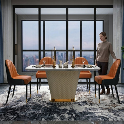 Luxus Designer Esszimmer mit Runden Esstisch & 4 x Lehn Stühle Metall