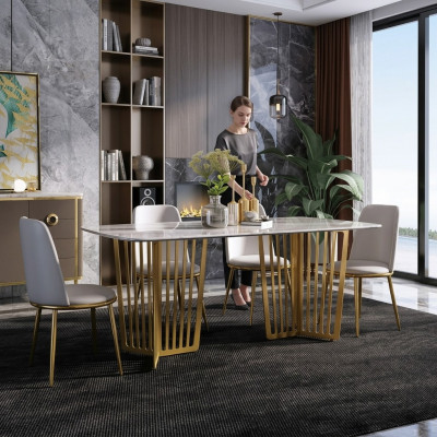 Luxus Esstisch Leder + Edelstahl Marmor Imitation Tisch Stein Esszimmer