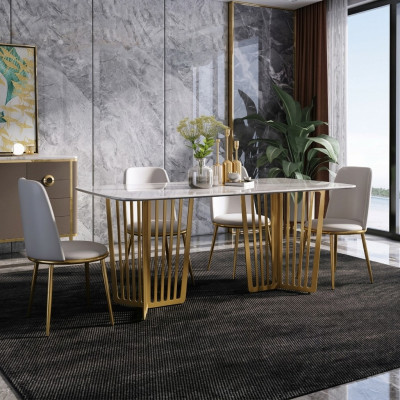 Luxus Esstisch Leder + Edelstahl Marmor Imitation Tisch Stein Esszimmer