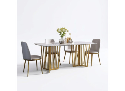 Luxus Esstisch Leder + Edelstahl Marmor Imitation Tisch Stein Esszimmer