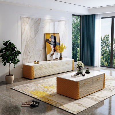 Ovaler Couchtisch Design Wohnzimmer Tisch Marmor Imitation Leder