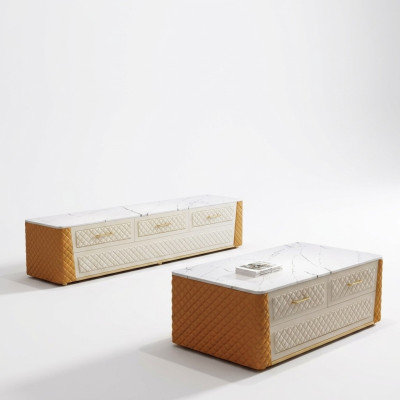 Ovaler Couchtisch Design Wohnzimmer Tisch Marmor Imitation Leder