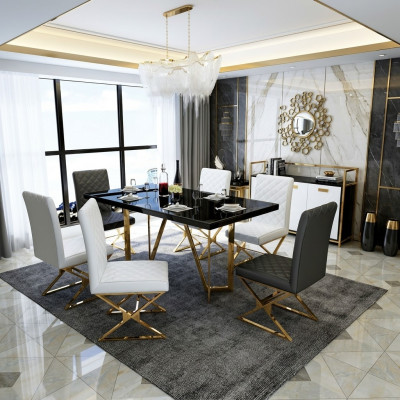 Moderne Esstisch Garnitur Edelstahl Möbel Tisch Glas 6x Lehnstuhl Stuhl