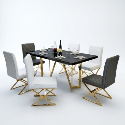 Moderne Esstisch Garnitur Edelstahl Möbel Tisch Glas 6x Lehnstuhl Stuhl