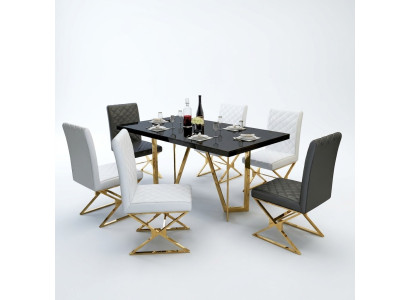 Moderne Esstisch Garnitur Edelstahl Möbel Tisch Glas 6x Lehnstuhl Stuhl